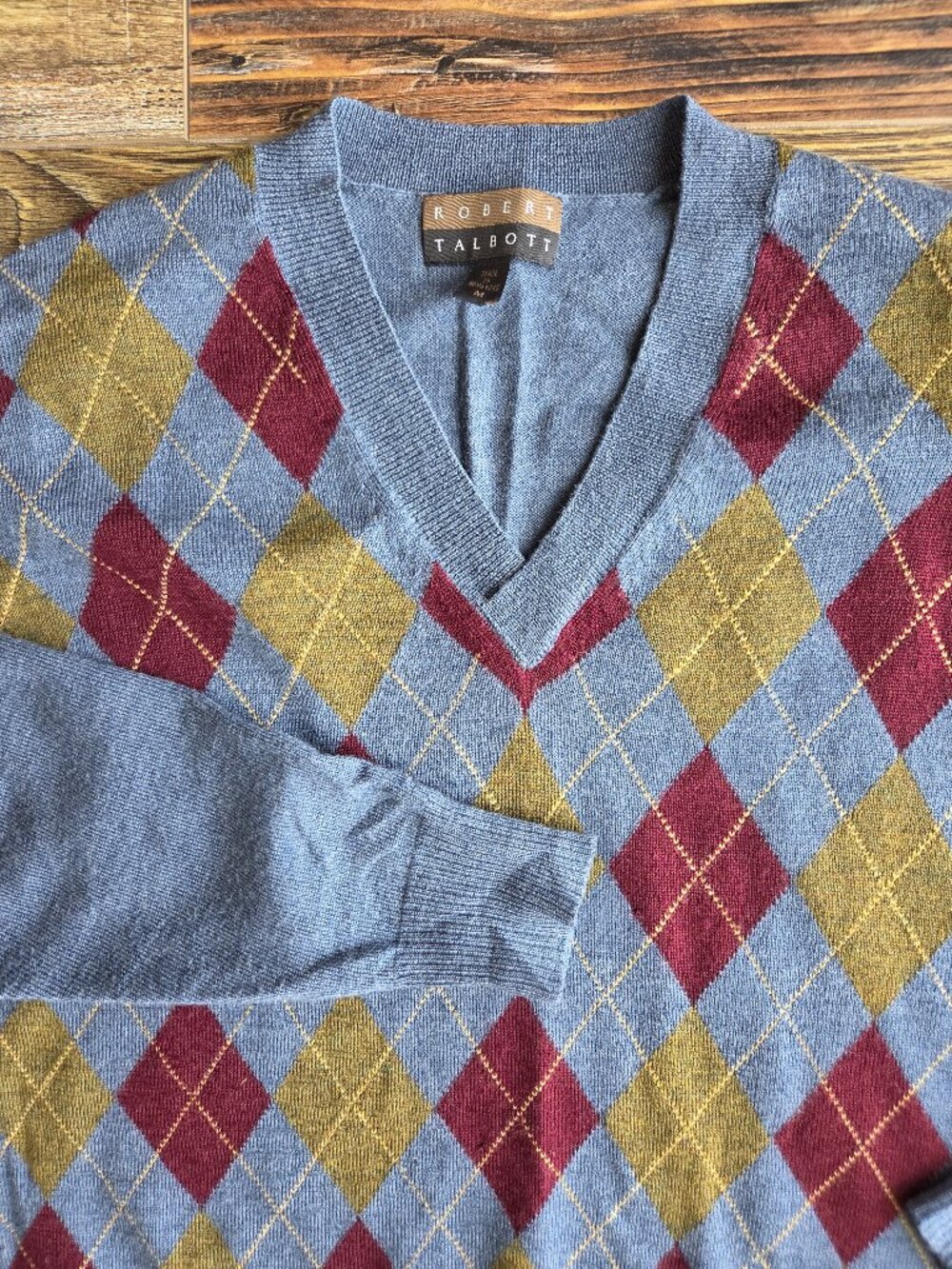 Vintage'90s Robert Talbott Argyle 100% Merino Wool V-Neck Sweater Blue